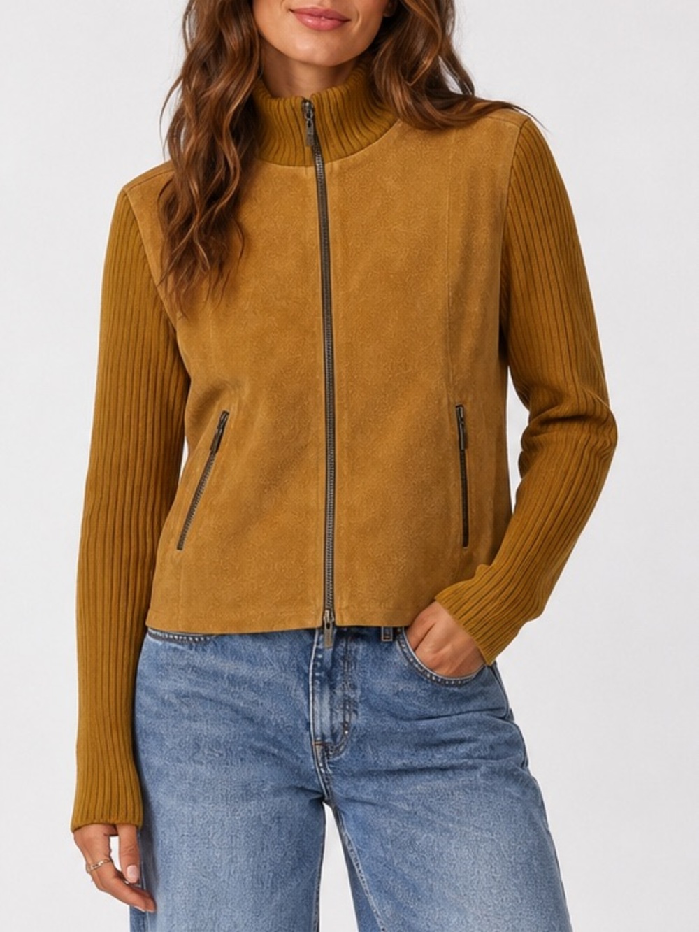 AMI Genuine Suede Leather with Knit Sleeves Zip-Front Jacket in Tan Medium
